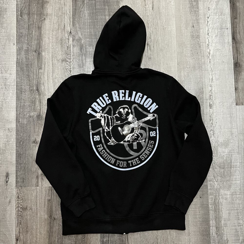 True Religion Metallic City Buddha Zip Up Hoodie Medium Black Womens Sz L